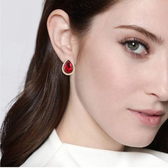 Yellow Gold with Ruby Red and Diamond Austrian Crystal Teardrop Stud Earrings - Picture 4 of 6